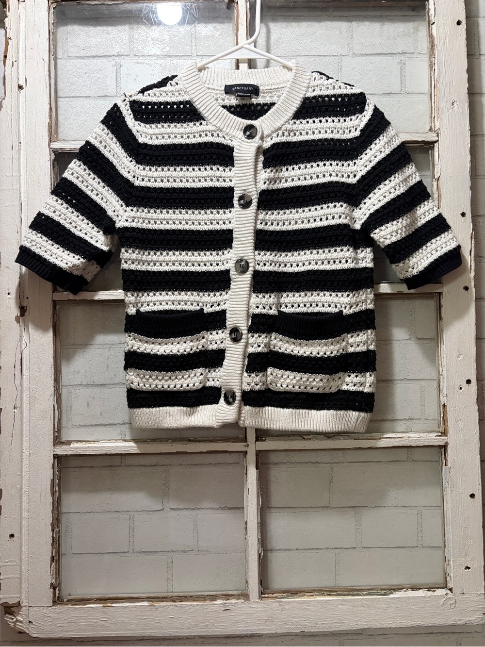 Sanctuary Short Sleeve Crochet Striped Cardigan Sweater Size L